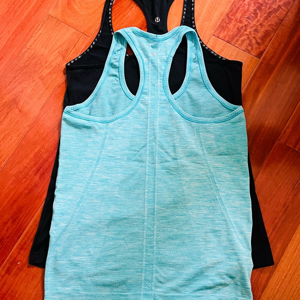 Lululemon Women's Racer Back Blue and Black Tank Top - Set of 2